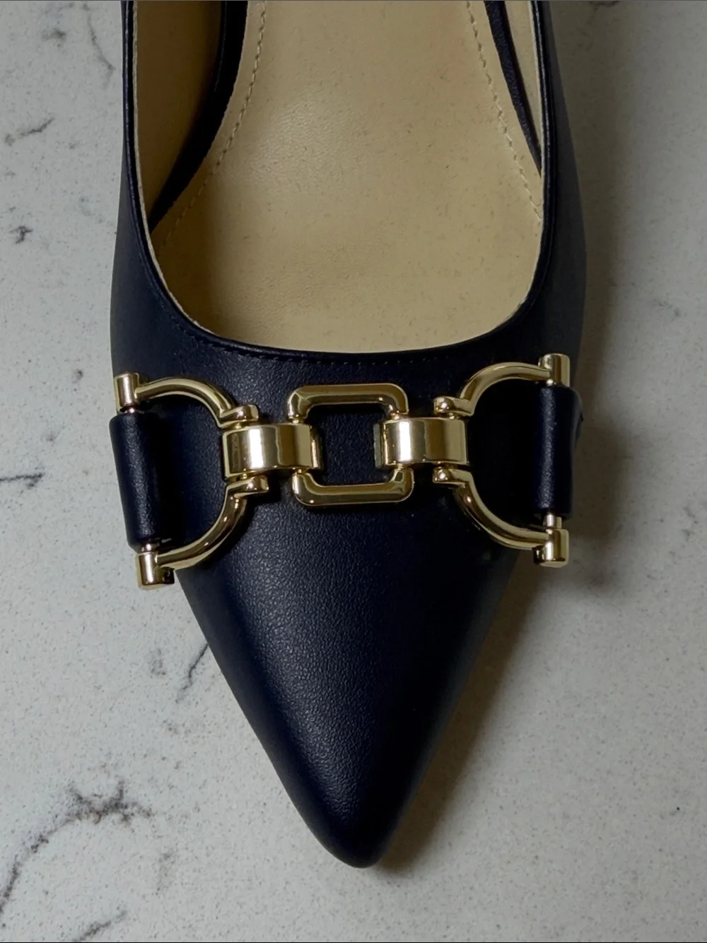 Women's Size 9 Navy Leather Kitten Heels Gold Chain Pointed Toe